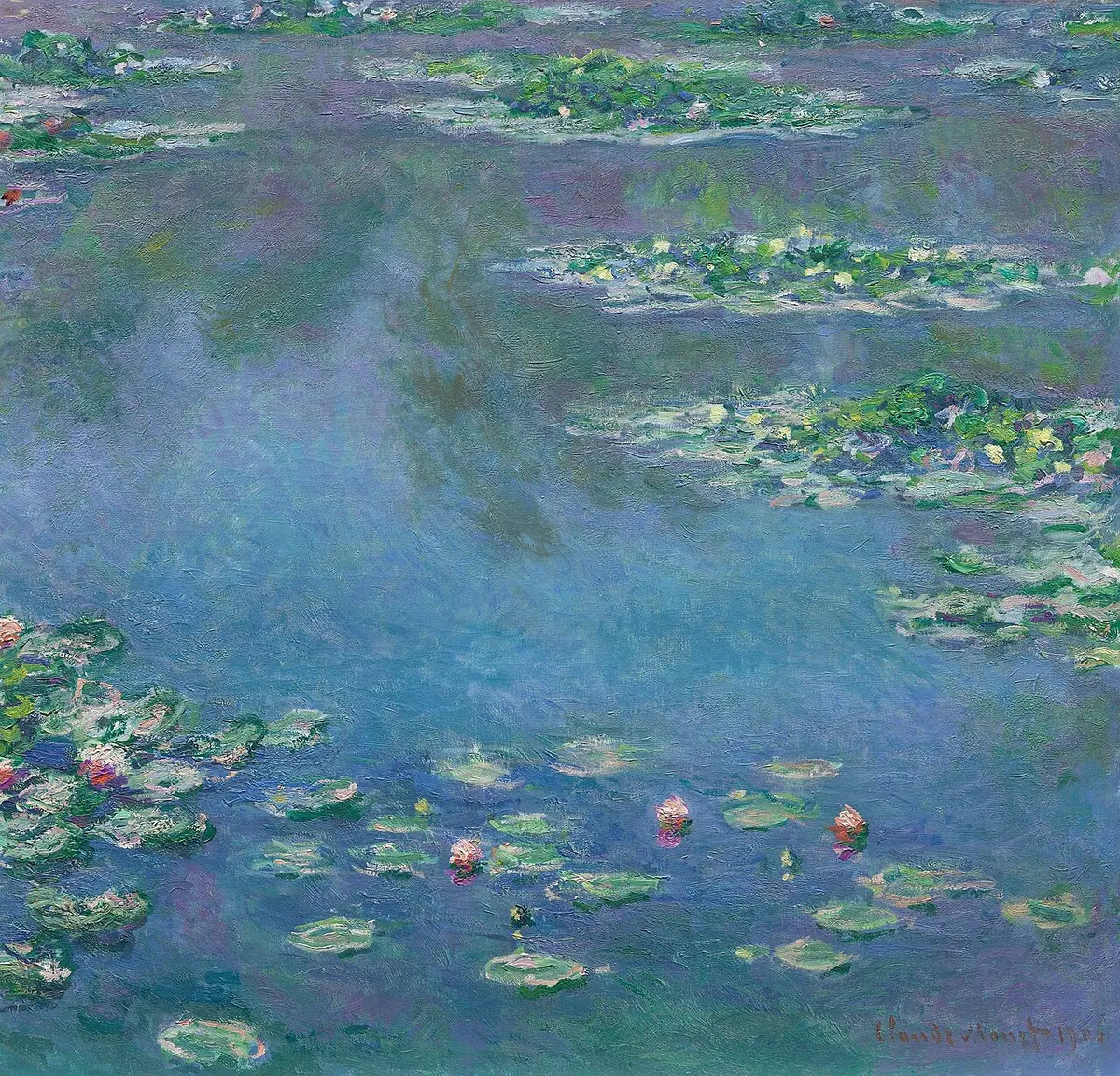 Tableau : la surface bleue d'un bassin, parsemée de nymphéas roses et blancs, où se reflète le ciel.
