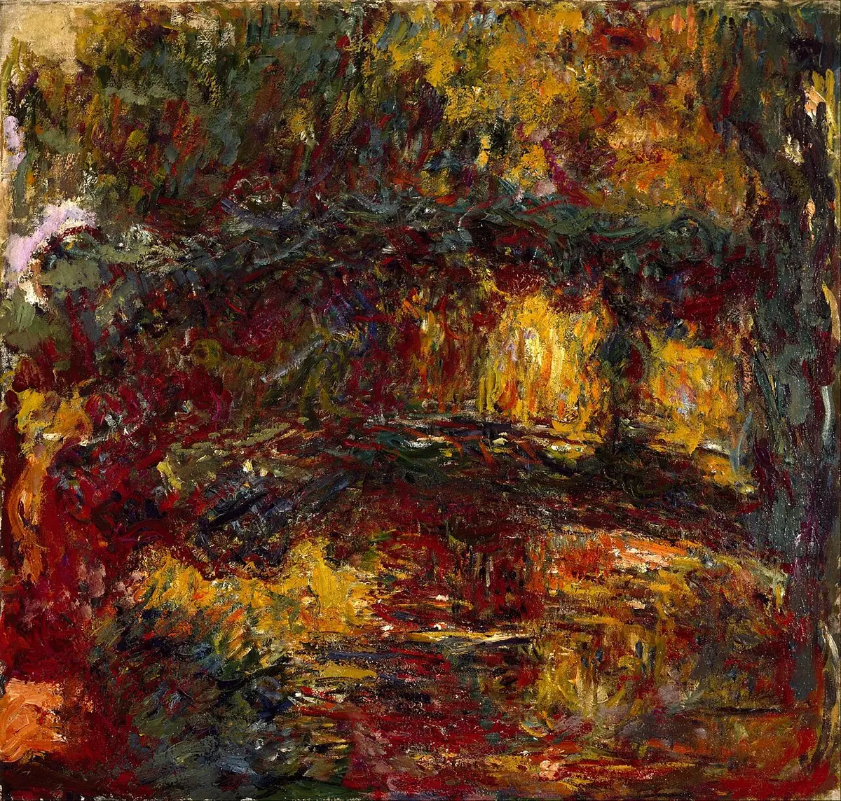 Tableau : le même pont, presque méconnaissable, noyé dans des touches épaisses de rouge, d'orange et de brun.