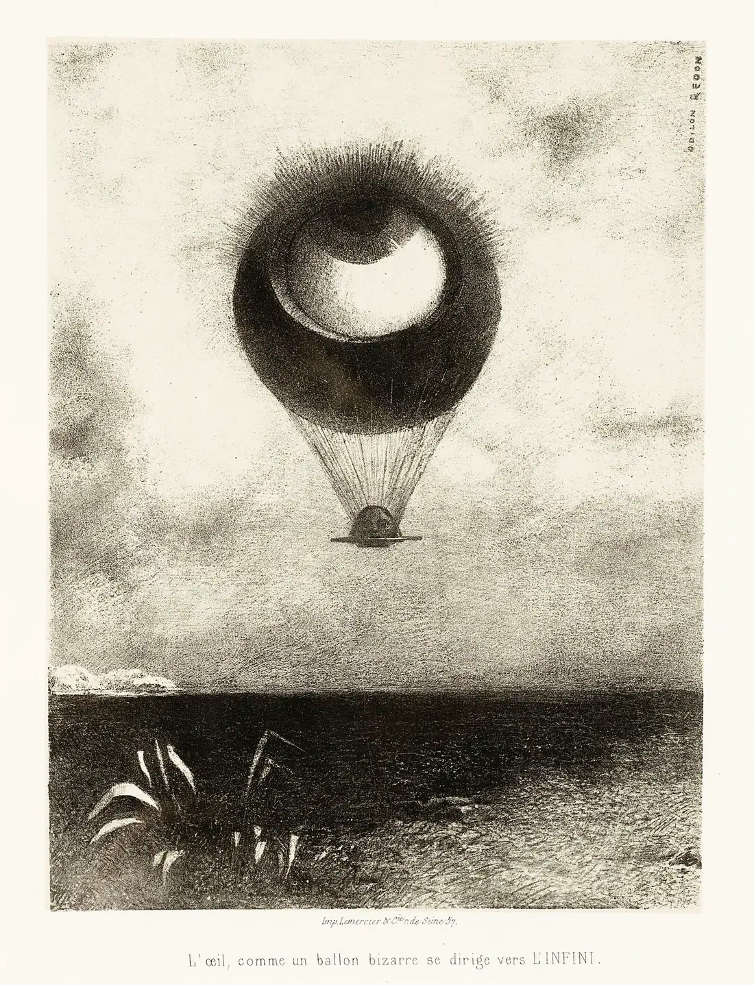 Lithographie en noir et blanc : un œil immense, gonflé comme une montgolfière, s'élève dans un ciel gris au-dessus d'un marais, emportant sous lui une tête posée sur un plateau.