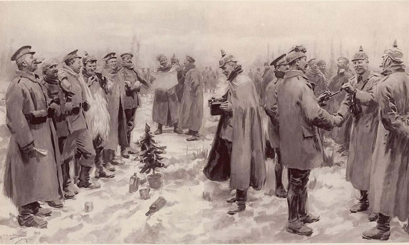 Illustration : dans la neige, des soldats britanniques et allemands se serrent la main et échangent des cadeaux autour d'un petit sapin.