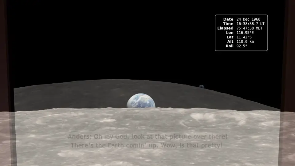 Reconstitution en images de synthèse : le vaisseau Apollo 8 tourne autour de la Lune ; par le hublot, la Terre surgit au-dessus de l'horizon lunaire, pendant qu'on entend les voix de l'équipage.